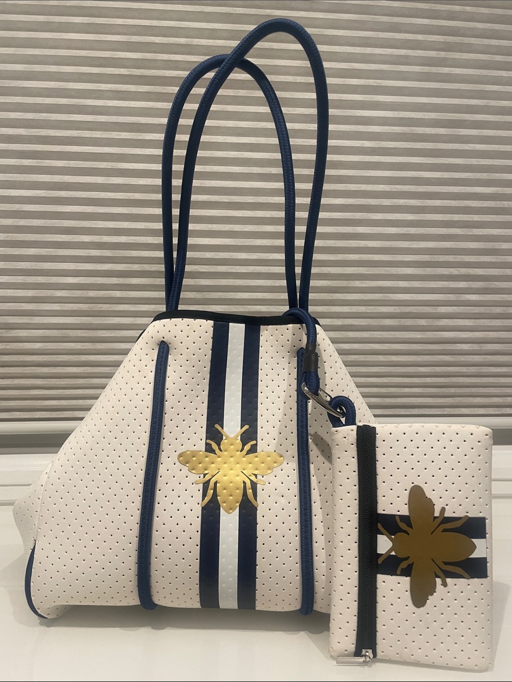 Lemonbella White Perforated Neoprene Tote Gold Bee Accent & Pouch